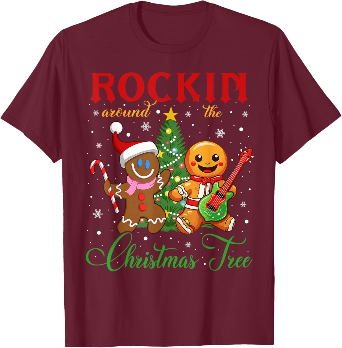 Rocking Around The Christmas Tree Gingerbread Rock & Roll T-Shirt - T-Shirt | Maroon
