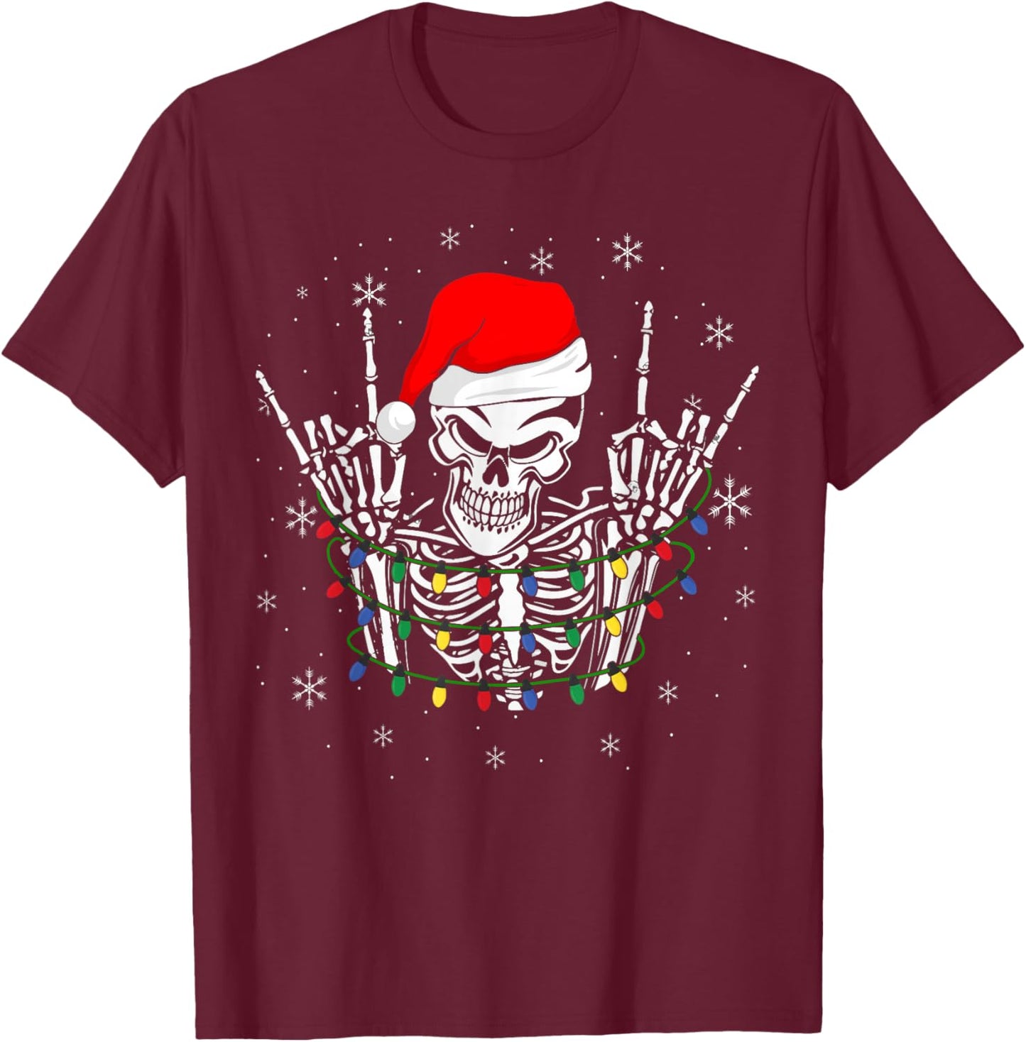 Rock on Santa Skeleton Rock and Roll Christmas Lights Rocker T-Shirt - T-Shirt | Maroon
