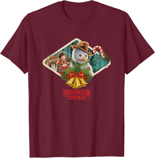 Stranger Things Christmas Will & Snowman Big Chest Frame T-Shirt - T-Shirt | Maroon