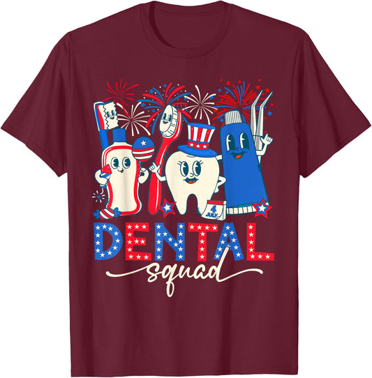 Funny Teeth Dental Squad Dentist Happy 4th of July 2024 T-Shirt - T-Shirt | Maroon