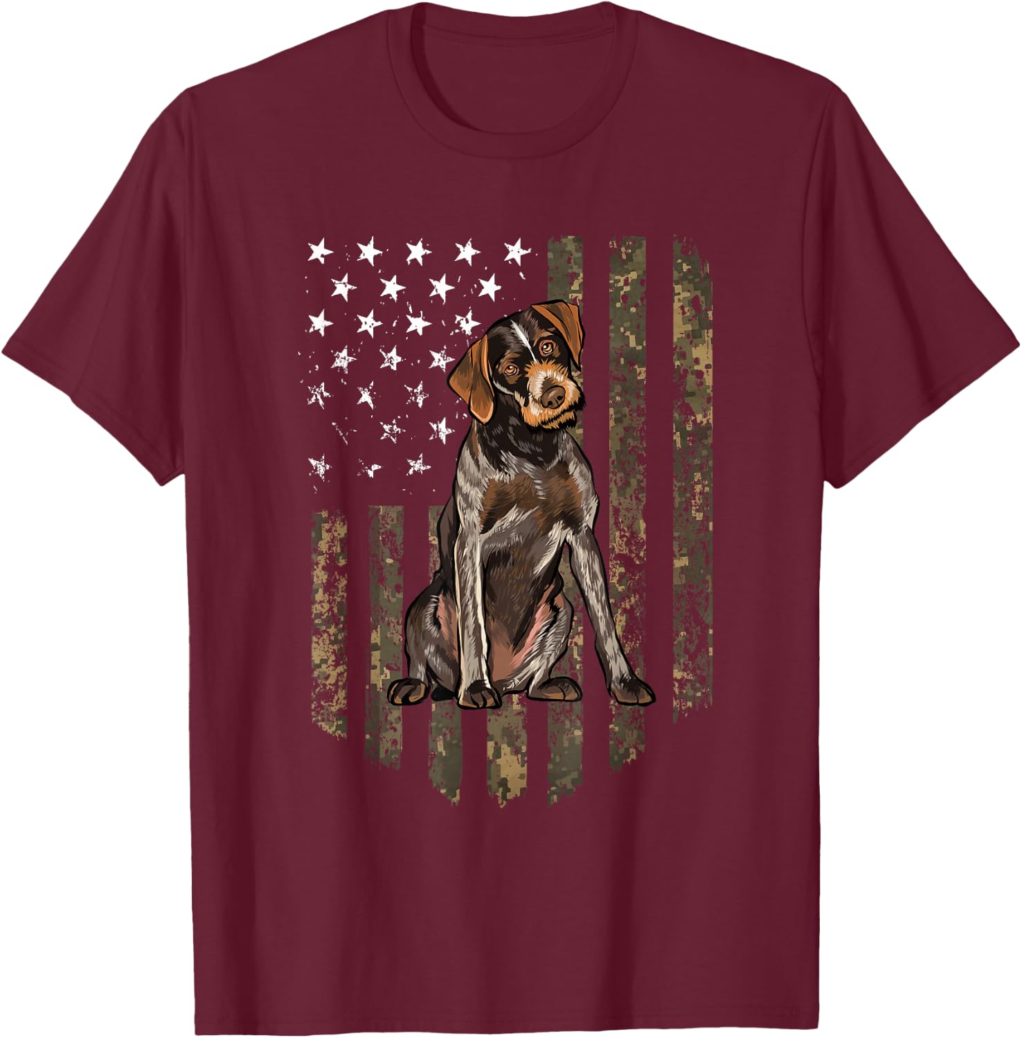 Camo American Flag German Wirehaired Pointer 4th of July USA T-Shirt - T-Shirt | Maroon