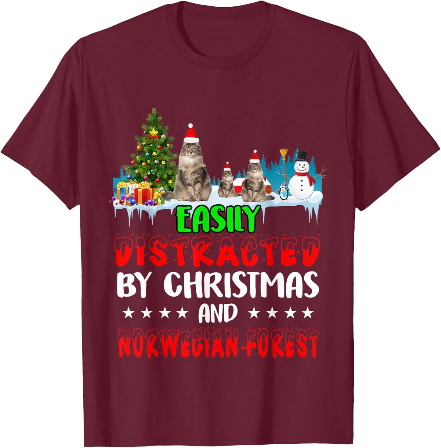 Easily Distracted by Christmas Norwegian Forest Cat on Snow T-Shirt - T-Shirt | Maroon