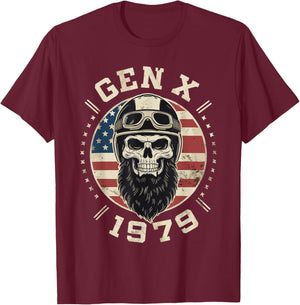 GenX 1979 Birthday FAFO Motorcycle Skull Motorcycle T-Shirt - T-Shirt | Maroon