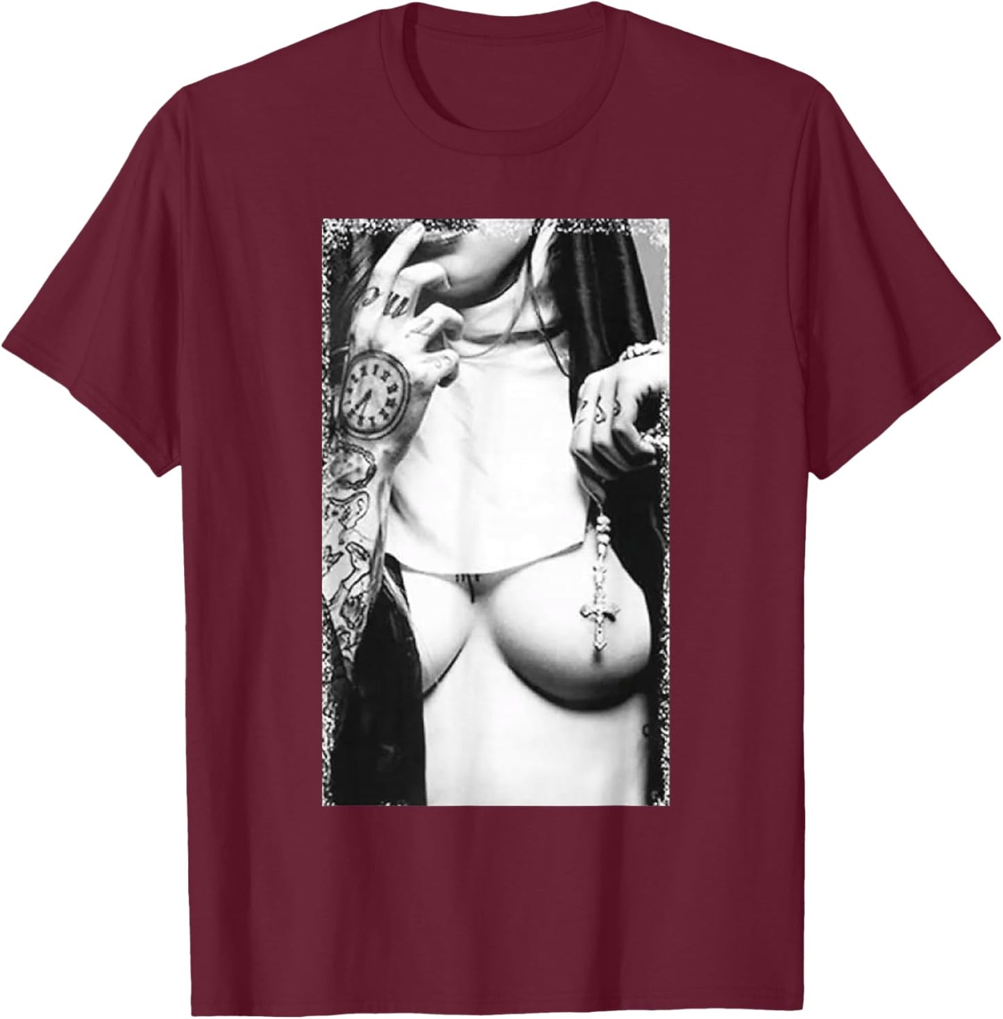 Peachbruh Vintage Sexy Tattoo Nun And Cross Dark Style Art T-Shirt - T-Shirt | Maroon