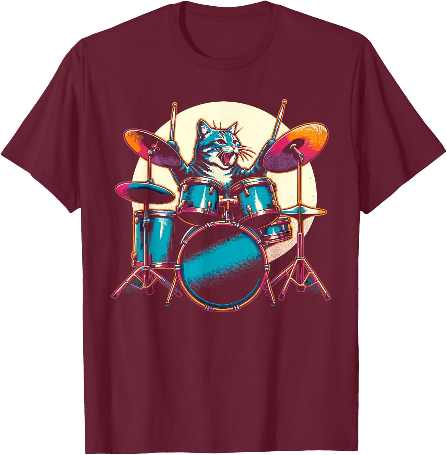 Cat Playing Drums Drummer Novelty Music Lover Funny Drummer T-Shirt - T-Shirt | Maroon