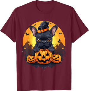 French Bulldog Frenchie Dog Breed Pet Halloween Pumpkins Women Kids T-Shirt - T-Shirt | Maroon