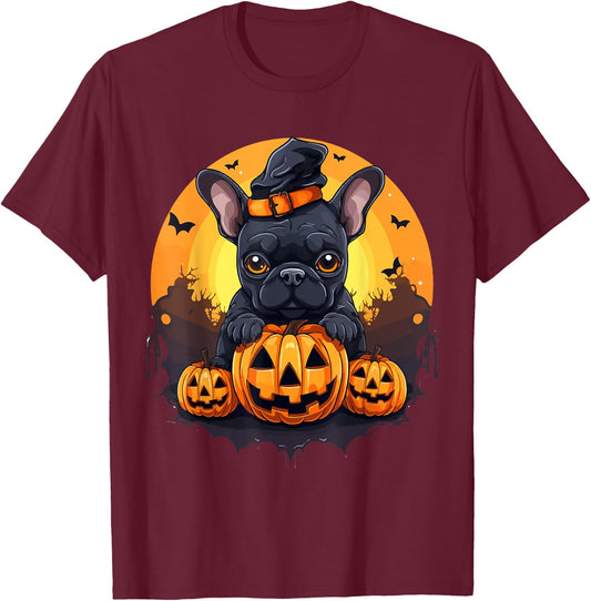 French Bulldog Frenchie Dog Breed Pet Halloween Pumpkins Women Kids T-Shirt - T-Shirt | Maroon