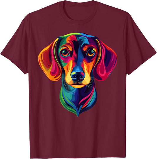 Colorful Short-Haired Dachshund Wiener Dog Face Cute Black T-Shirt - T-Shirt | Maroon