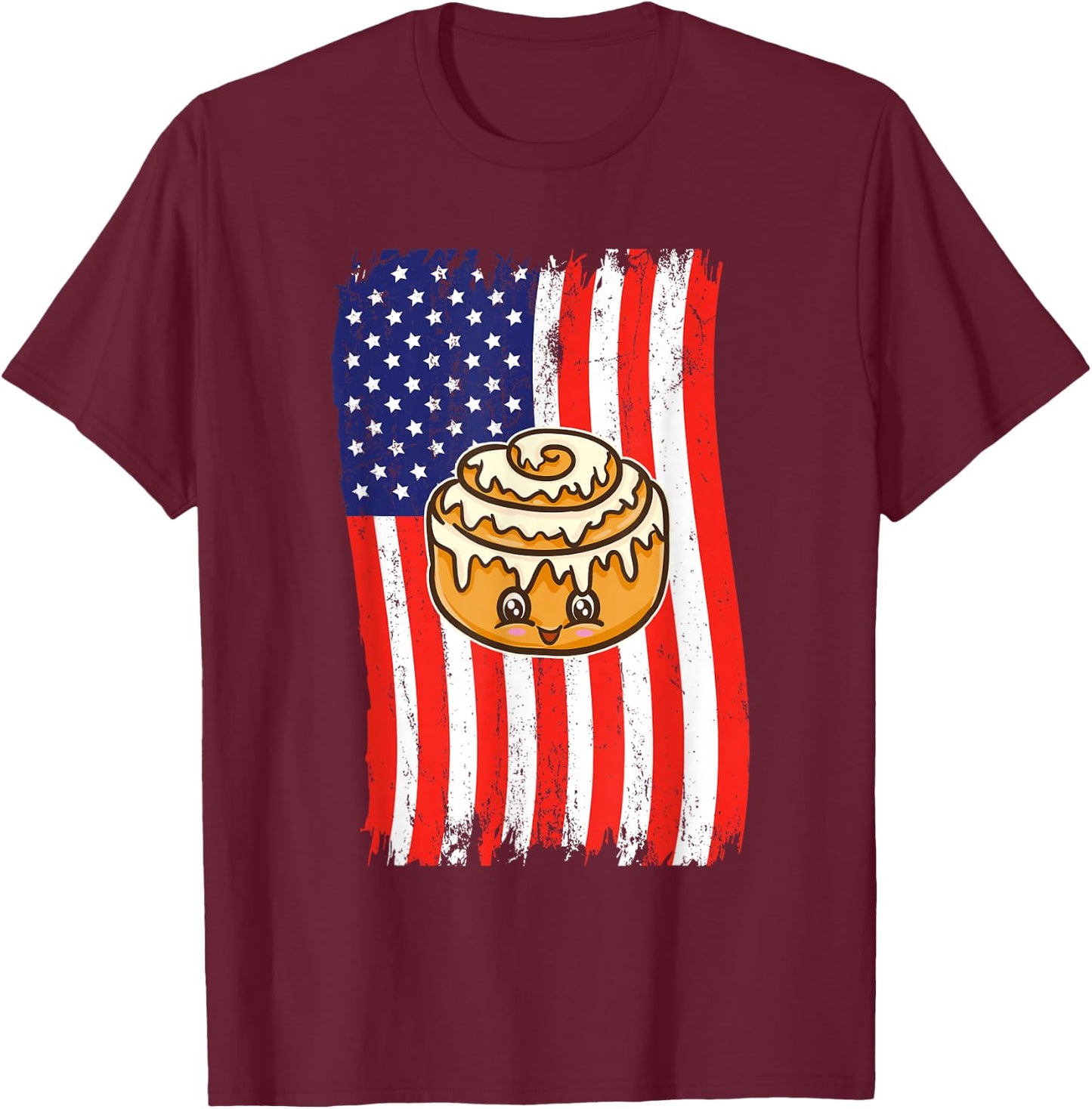American Flag Kawaii Cinnamon Roll T-Shirt - T-Shirt | Maroon