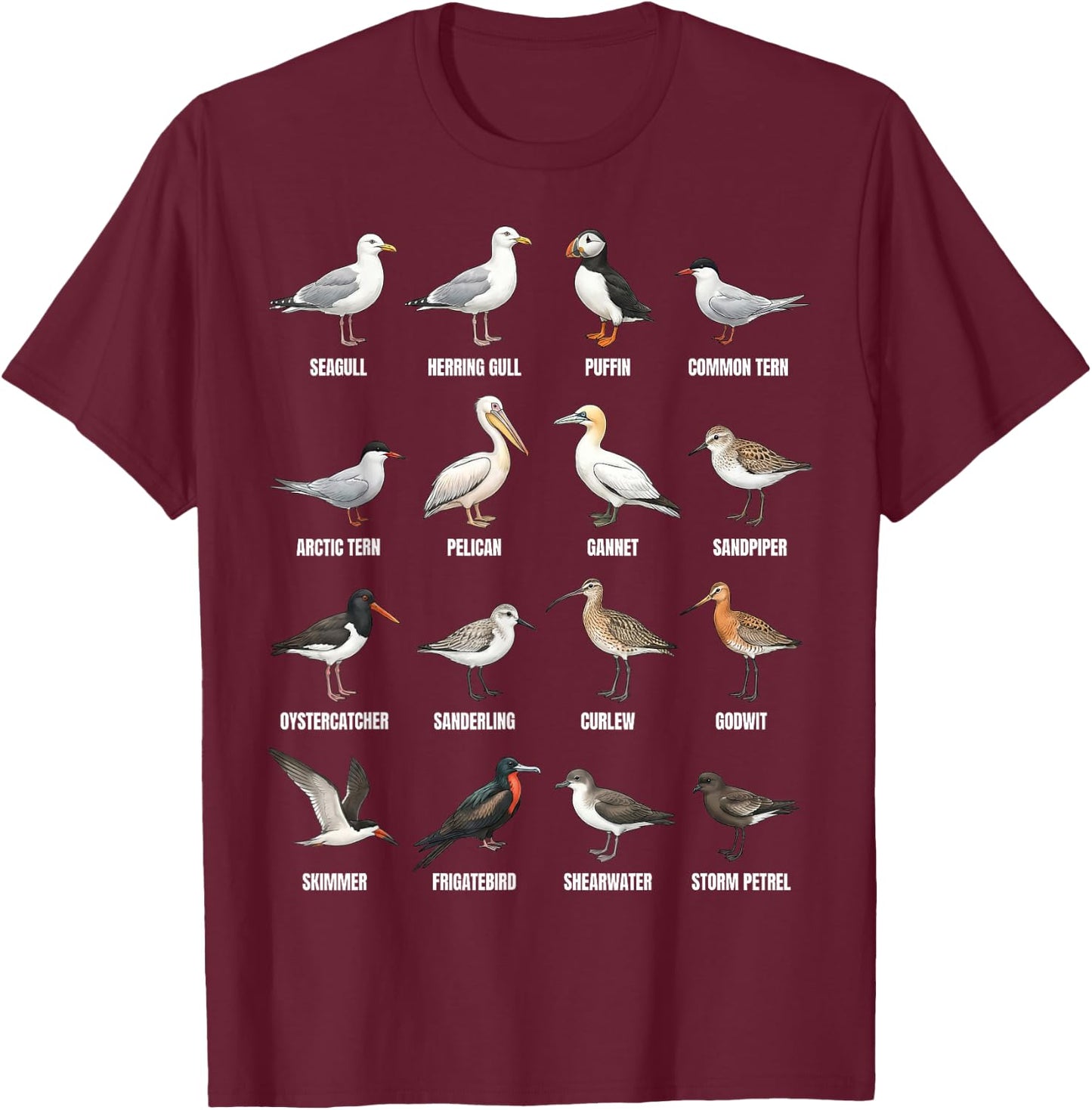 Types of Shorebirds & Seabirds – Coastal Bird Species Chart T-Shirt - T-Shirt | Maroon