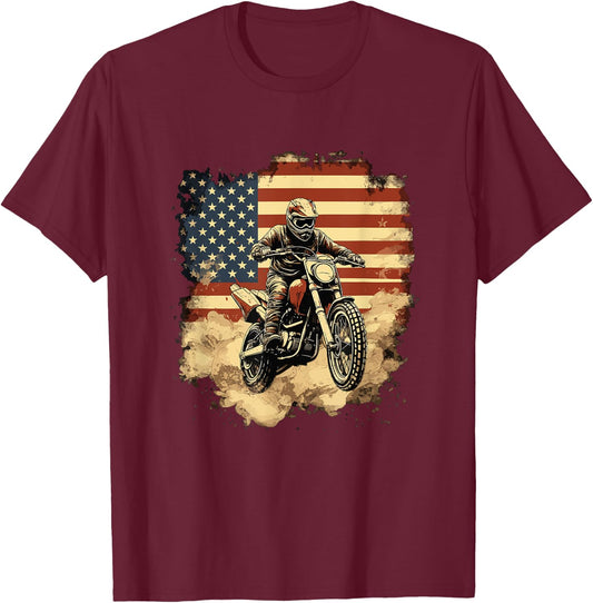 Bike American Vintage USA flag Motocross Biker 4th of July T-Shirt - T-Shirt | Maroon
