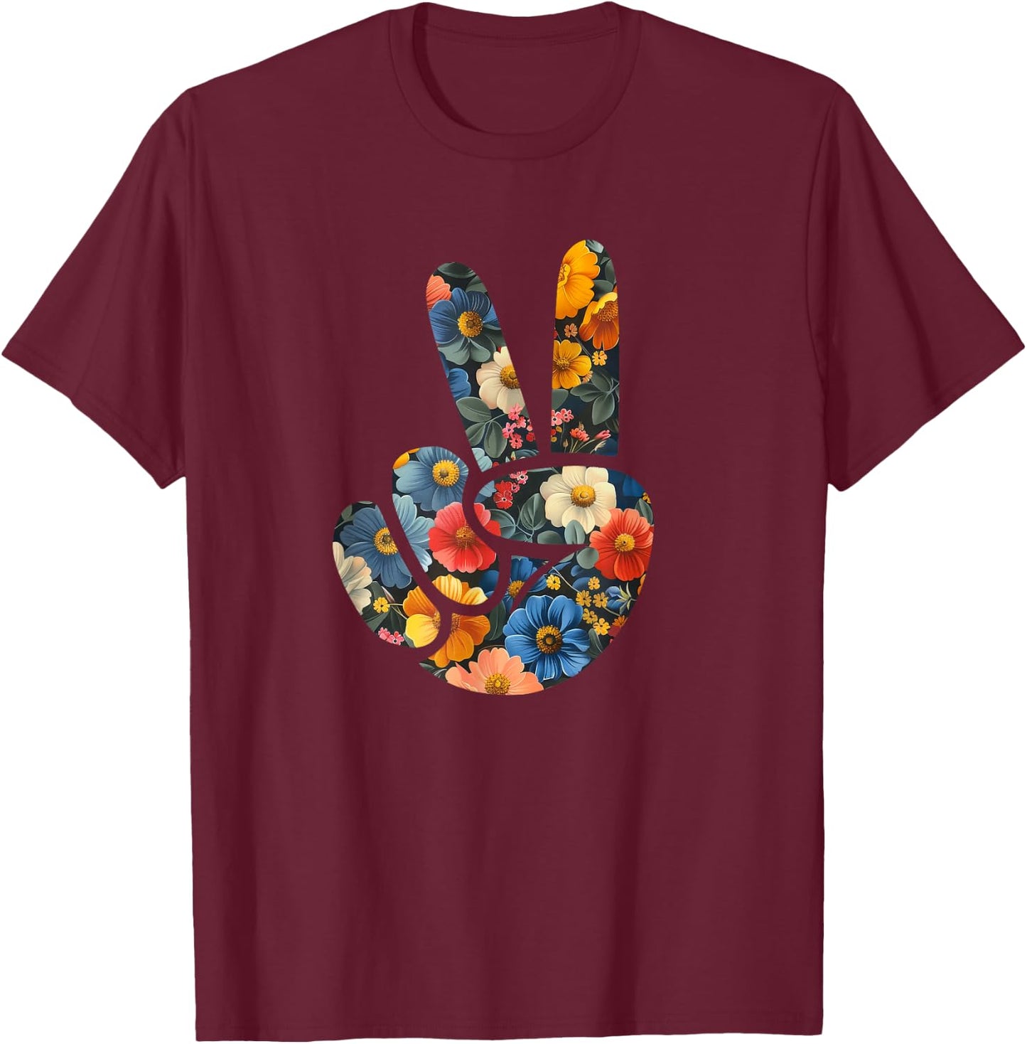 Elegant Silhouette Wildflowers Floral Peace Sign Hand T-Shirt - T-Shirt | Maroon