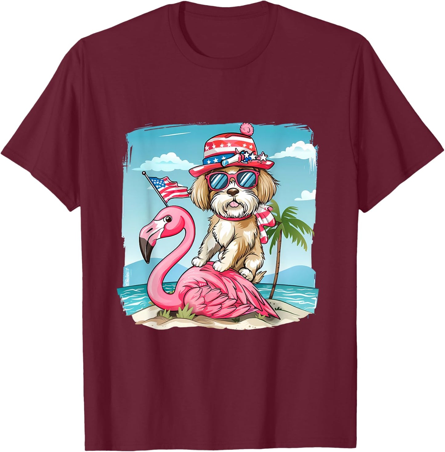 Fourth Of July Flamingo Dog USA American Flag 4th Of July T-Shirt - T-Shirt | Maroon