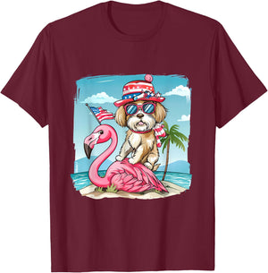 Fourth Of July Flamingo Dog USA American Flag 4th Of July T-Shirt - T-Shirt | Maroon