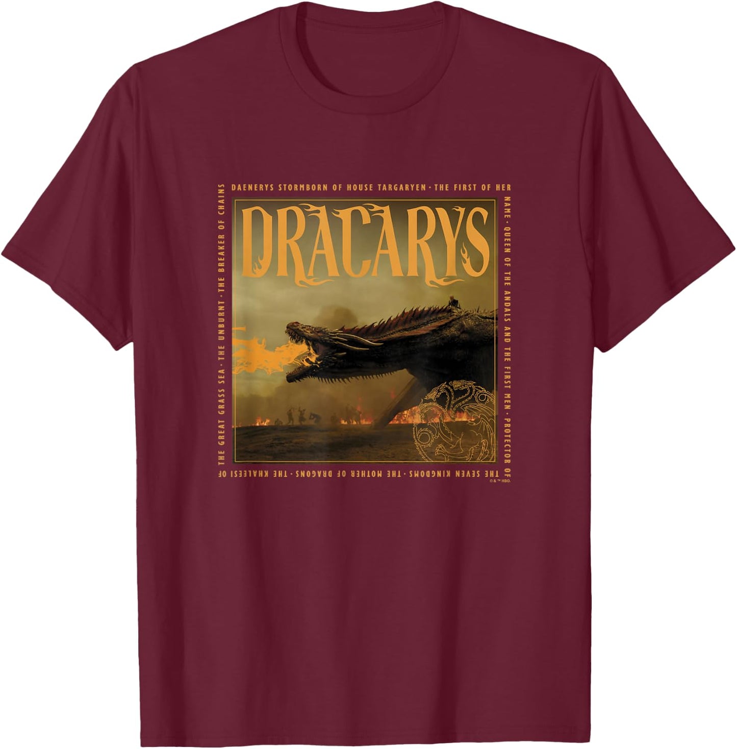 Game of Thrones Dracarys Targaryen Dragon Text Box Panel T-Shirt - T-Shirt | Maroon