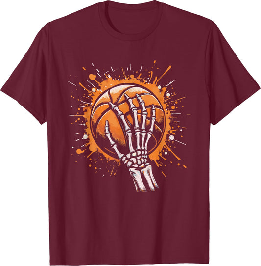 Skeleton Hand Holding Basketball Art T-Shirt - T-Shirt | Maroon