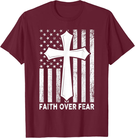 Faith Over Fear Cool Christian Flag Cross Women Kids T-Shirt - T-Shirt | Maroon