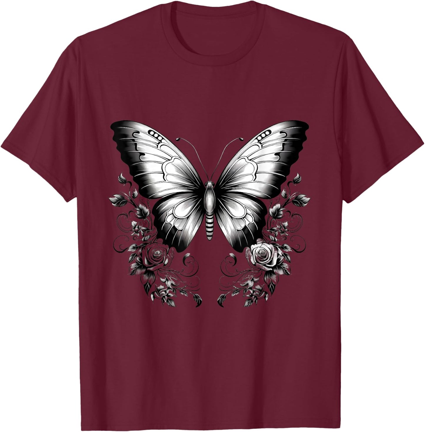 Butterfly Floral Drawing Wildlife Animal Lovers Artwork T-Shirt - T-Shirt | Maroon