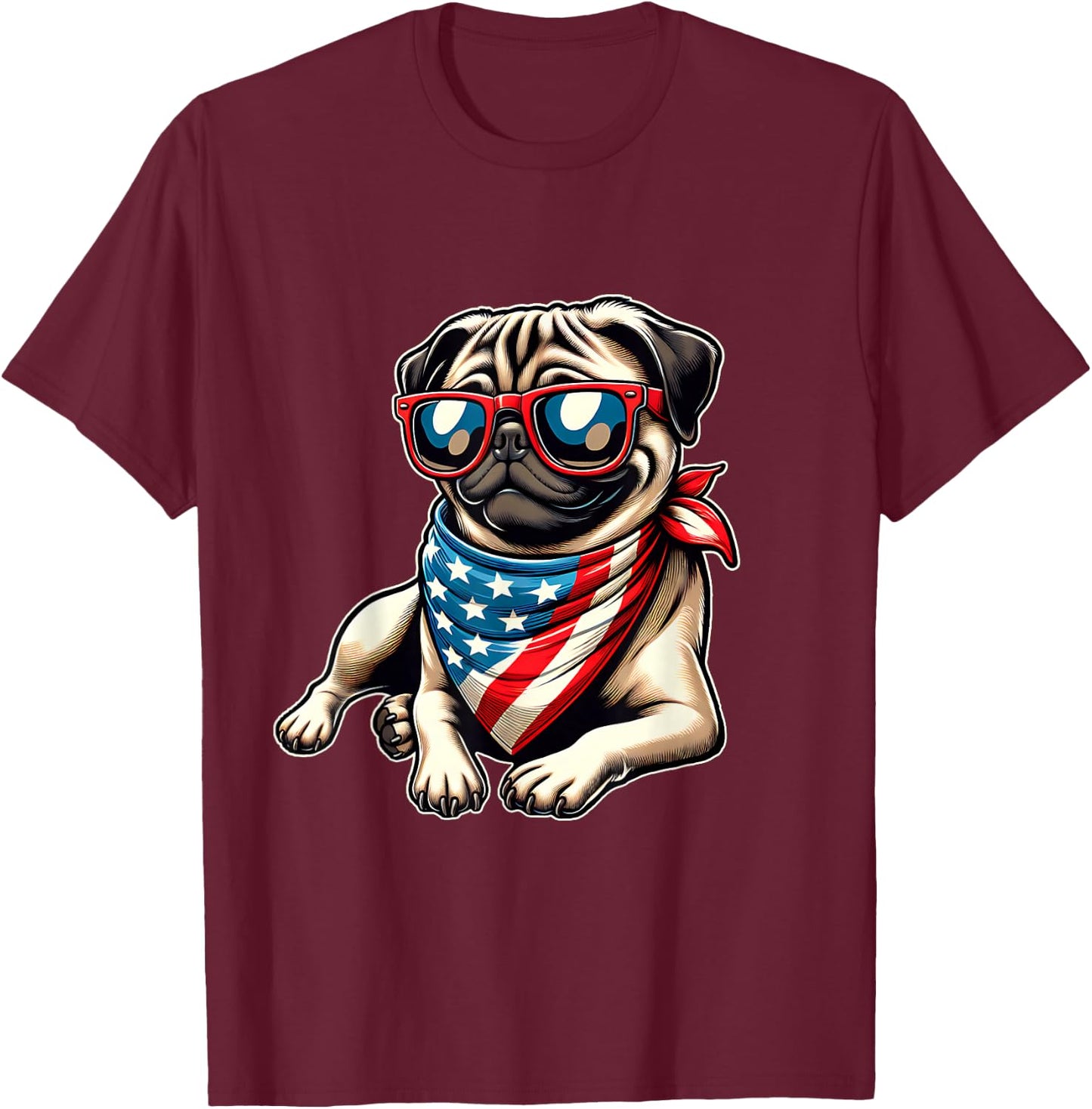 Pug with Bandana Sunglasses 4th of July US Dog American Flag T-Shirt - T-Shirt | Maroon