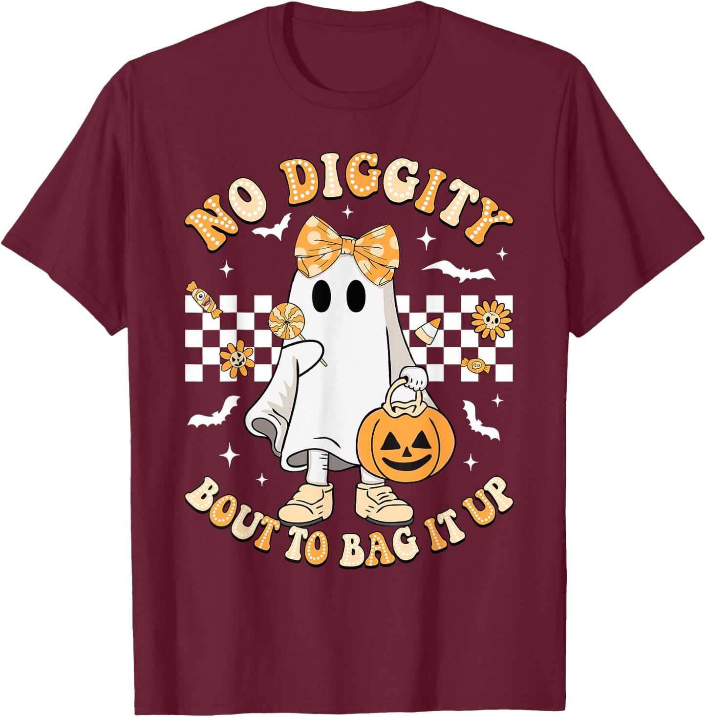 Halloween Ghost No Diggity Bout To Bag It Up Girls Kids T-Shirt - T-Shirt | Maroon