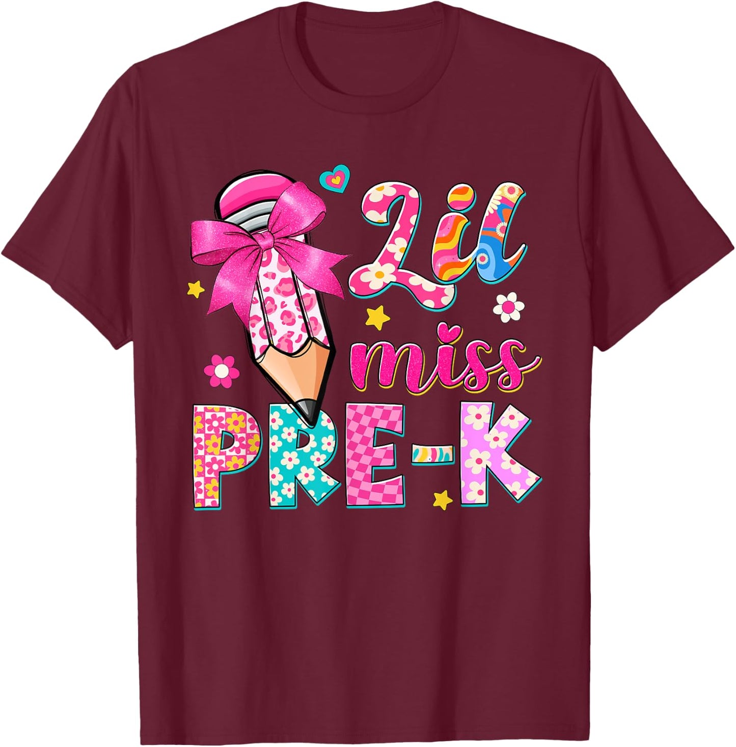 Pencil Bow Lil Miss Pre-K Pre-K Funny Back To School T-Shirt - T-Shirt | Maroon
