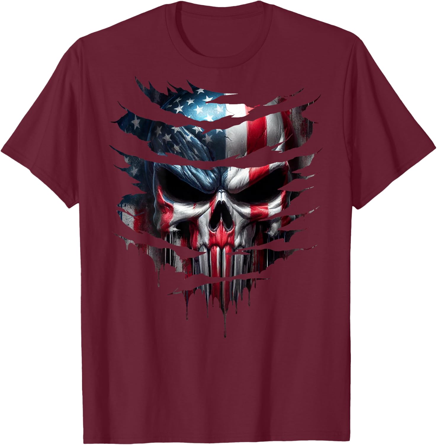 American Skull Patriotic Flag USA Grunge Style Graphic Men T-Shirt - T-Shirt | Maroon
