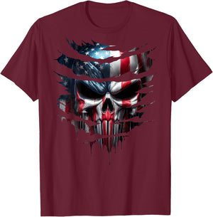 American Skull Patriotic Flag USA Grunge Style Graphic Men T-Shirt - T-Shirt | Maroon