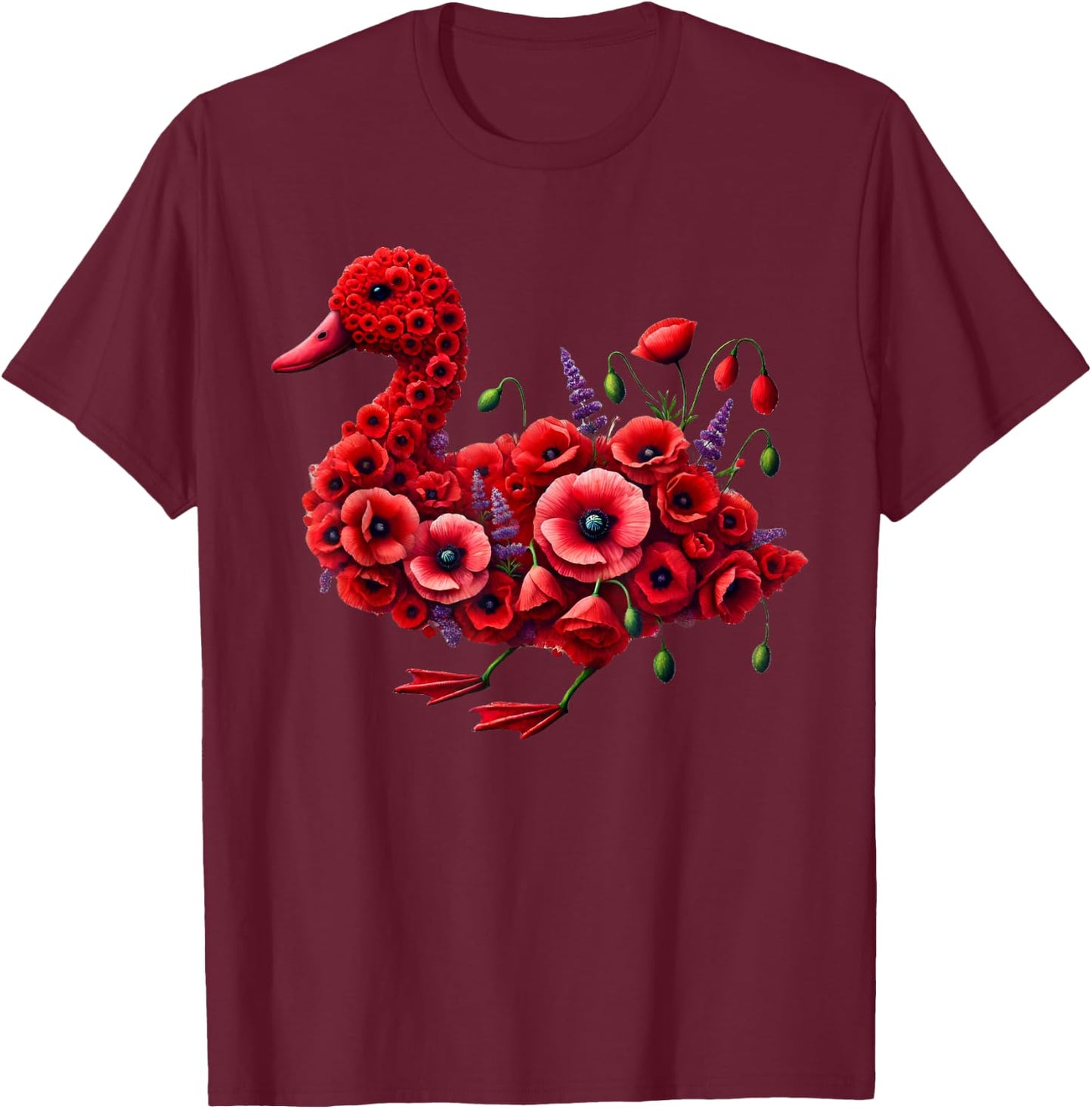Poppy Duck Flower Gardening Floral T-Shirt - T-Shirt | Maroon