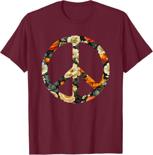 Blooming Harmony Symbol Floral Peace Sign T-Shirt - T-Shirt | Maroon