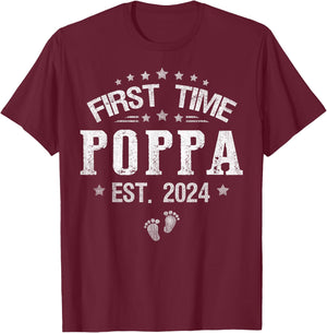 First time Poppa est.2024 Father's Day Promoted To Poppa T-Shirt - T-Shirt | Maroon