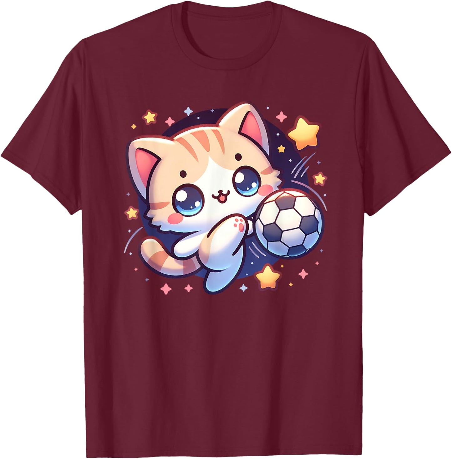 Cat Kitten Soccer Player Kicking Soccer Ball Cute Graphic Men Women Girls Kids T-Shirt - T-Shirt | Maroon