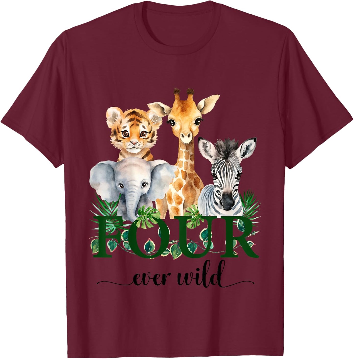 Kids Jungle Birthday Four Ever Wild Zoo Safari Party 4th Animals T-Shirt - T-Shirt | Maroon