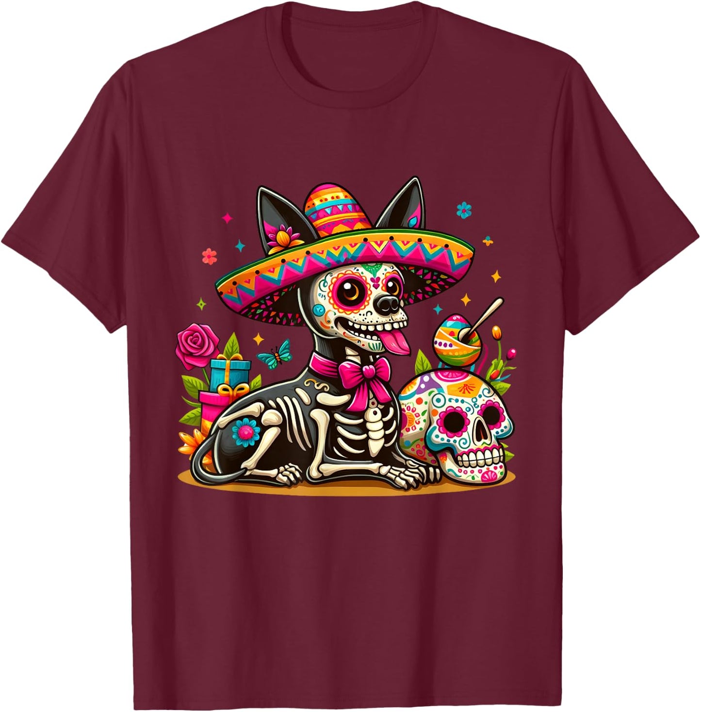 Cinco De Mayo Sugar Skull Xoloitzcuintli Dog Sombrero T-Shirt - T-Shirt | Maroon
