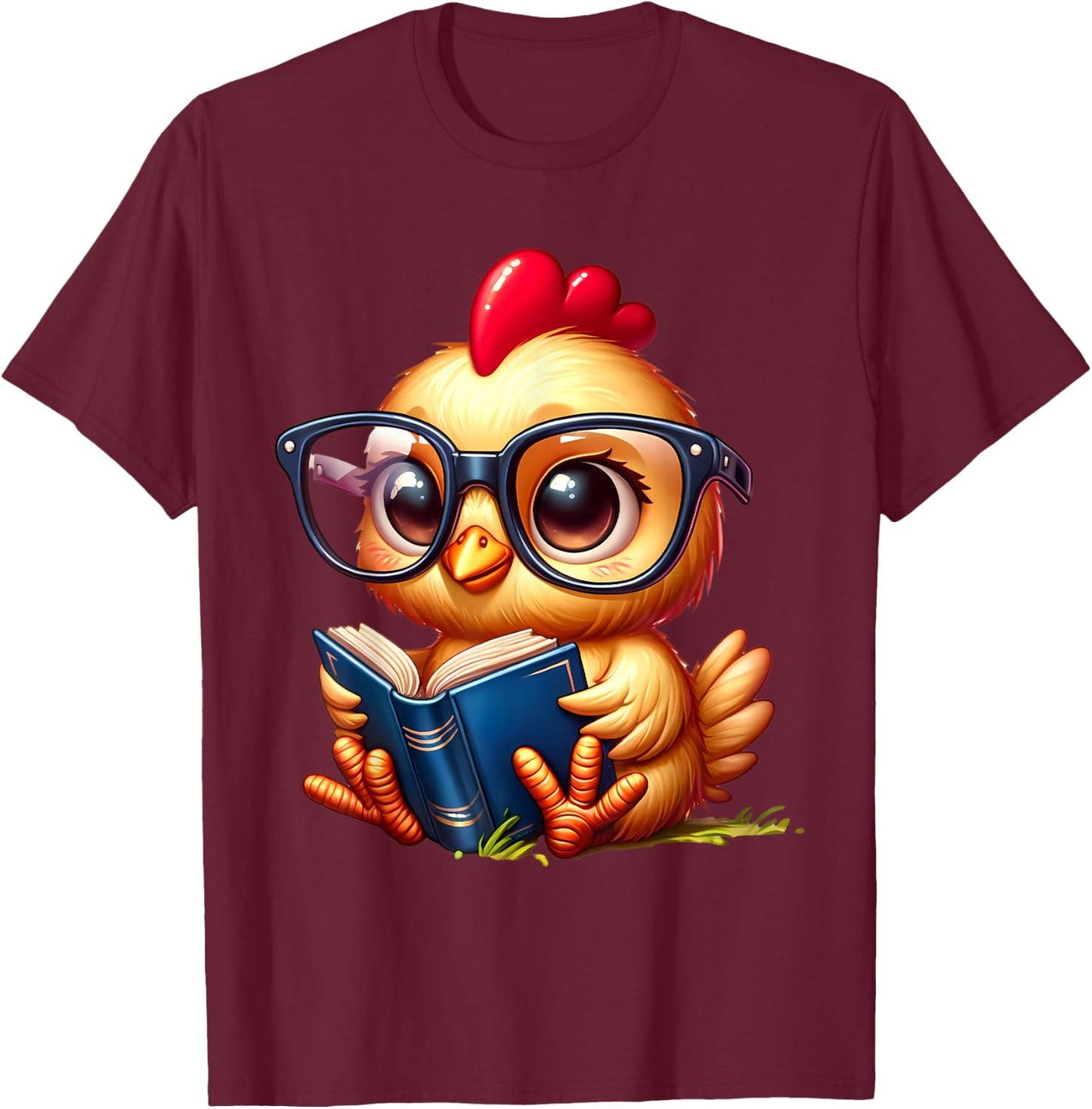 Chicken Reading a Book Farm Animal Chick T-Shirt - T-Shirt | Maroon