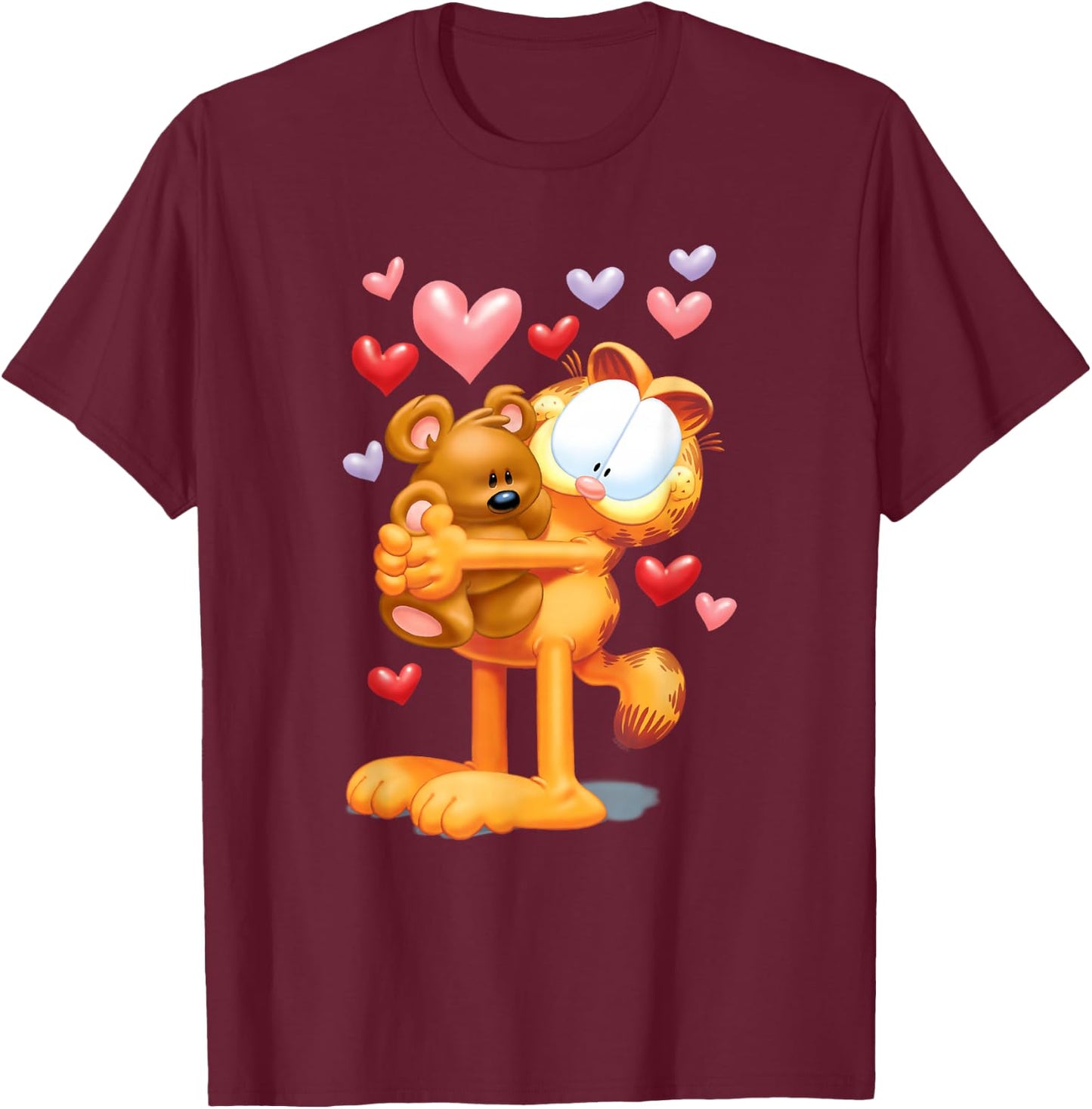 Garfield Hugging Pooky Hearts 3D Valentine's Day Cartoon Cat T-Shirt - T-Shirt | Maroon