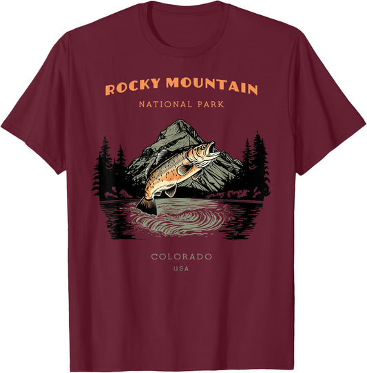 Rocky Mountain National Park Colorado Retro Vintage Fishing T-Shirt - T-Shirt | Maroon