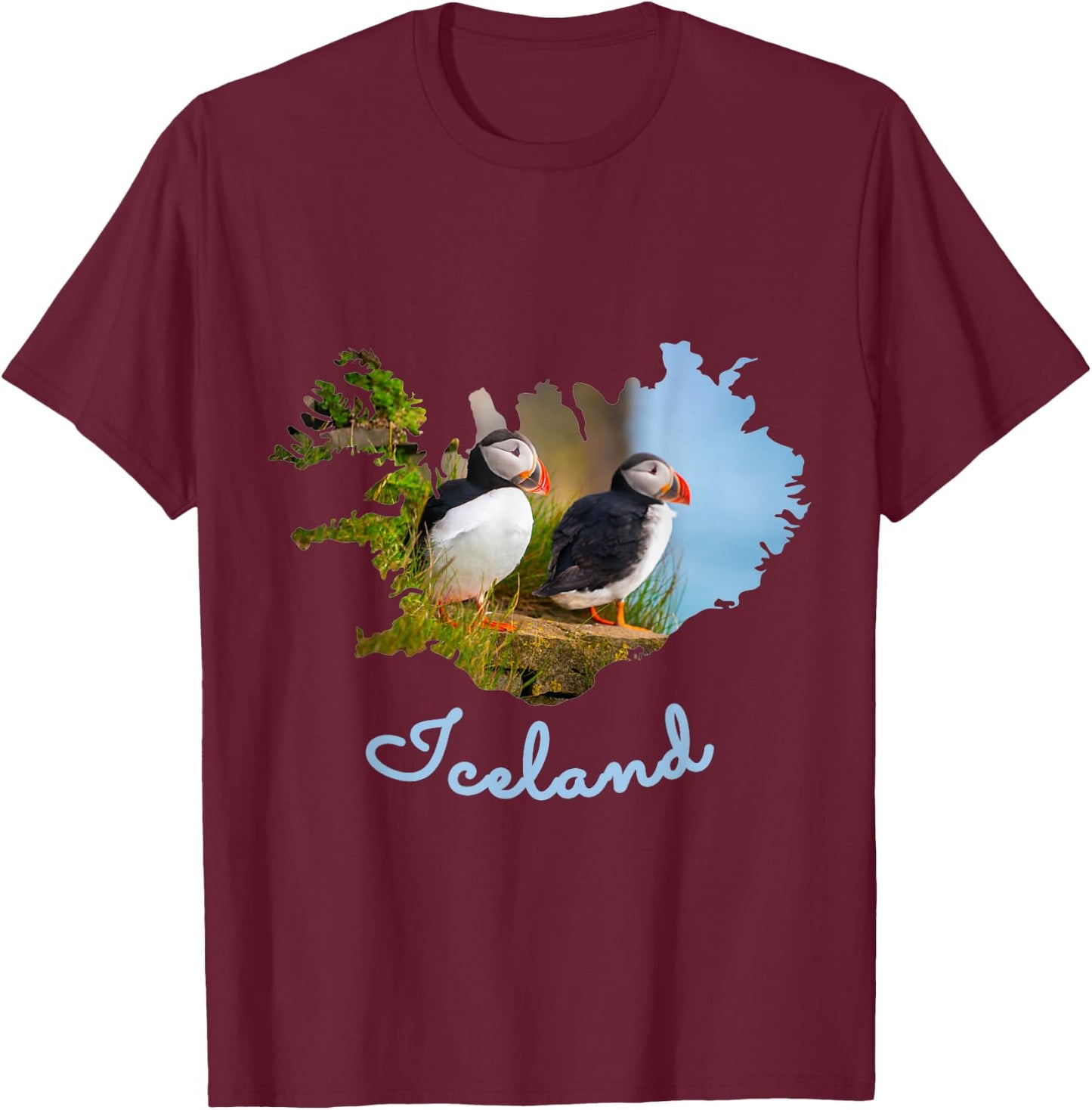 Puffin Bird Iceland Map Outline & Text Design T-Shirt - T-Shirt | Maroon