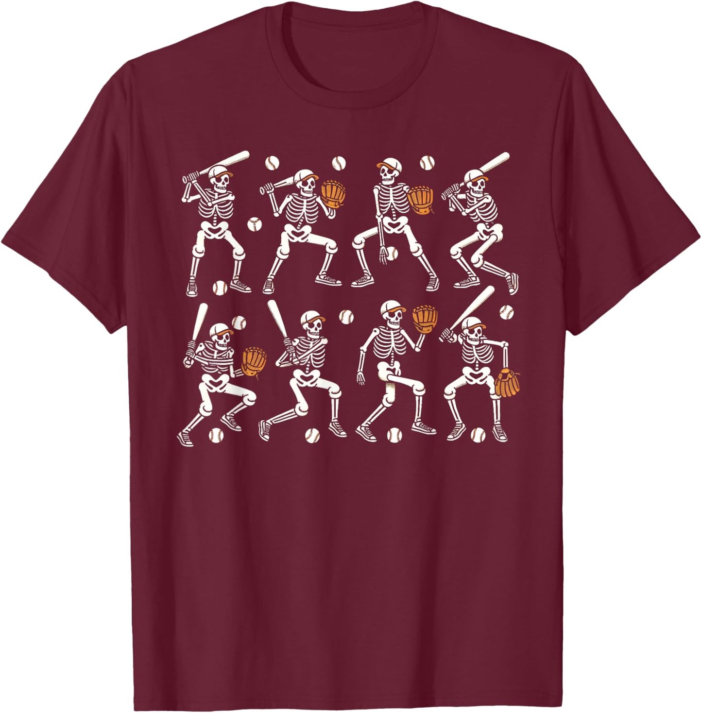 Funny Halloween Baseball Skeletons Play Baseball Boys Kids T-Shirt - T-Shirt | Maroon