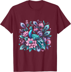 Beautiful Floral Flower Peacock T-Shirt - T-Shirt | Maroon