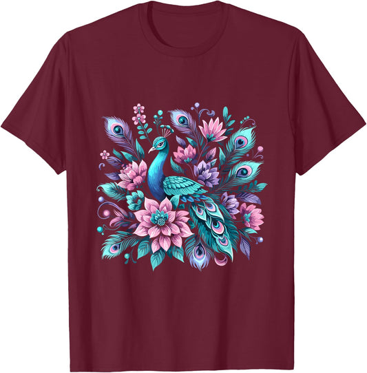 Beautiful Floral Flower Peacock T-Shirt - T-Shirt | Maroon