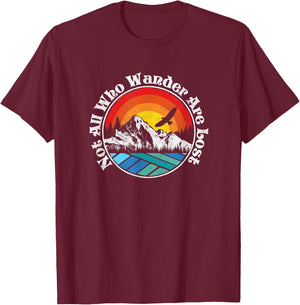 Not All Who Wander Are Lost Retro Mountains Nature Graphic T-Shirt - T-Shirt | Maroon