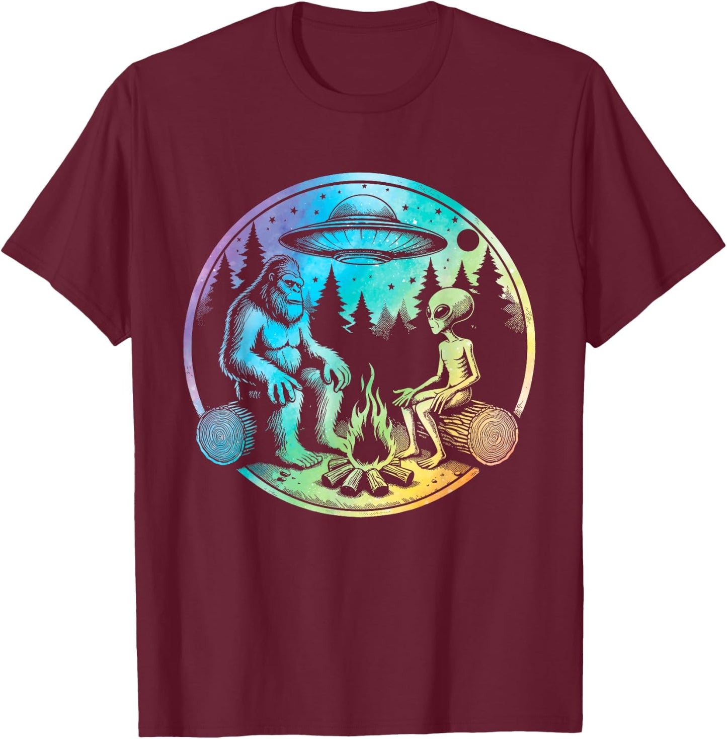 Bigfoot and alien sasquatch camping tie dye T-Shirt - T-Shirt | Maroon