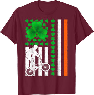 Shamrock Irish American Flag BMX Cycling St Patrick's Day Women Kids Men T-Shirt - T-Shirt | Maroon