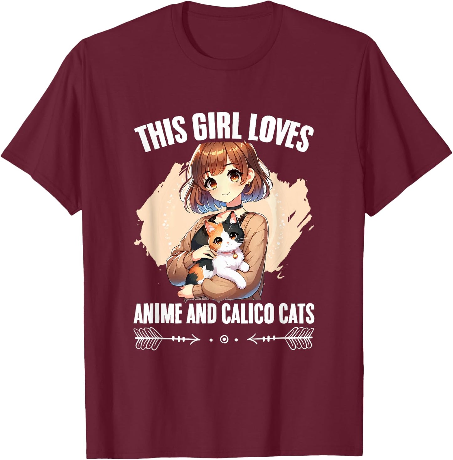 Kawaii Feline Animal Japan Anime Girl And Calico Cat Girl T-Shirt - T-Shirt | Maroon