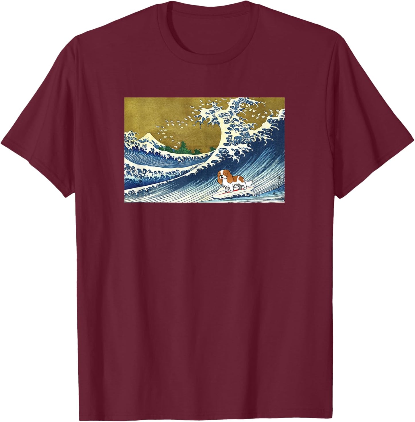 Funny Retro Vintage Surfing Wave Cavalier Spaniel Dog Lover T-Shirt - T-Shirt | Maroon