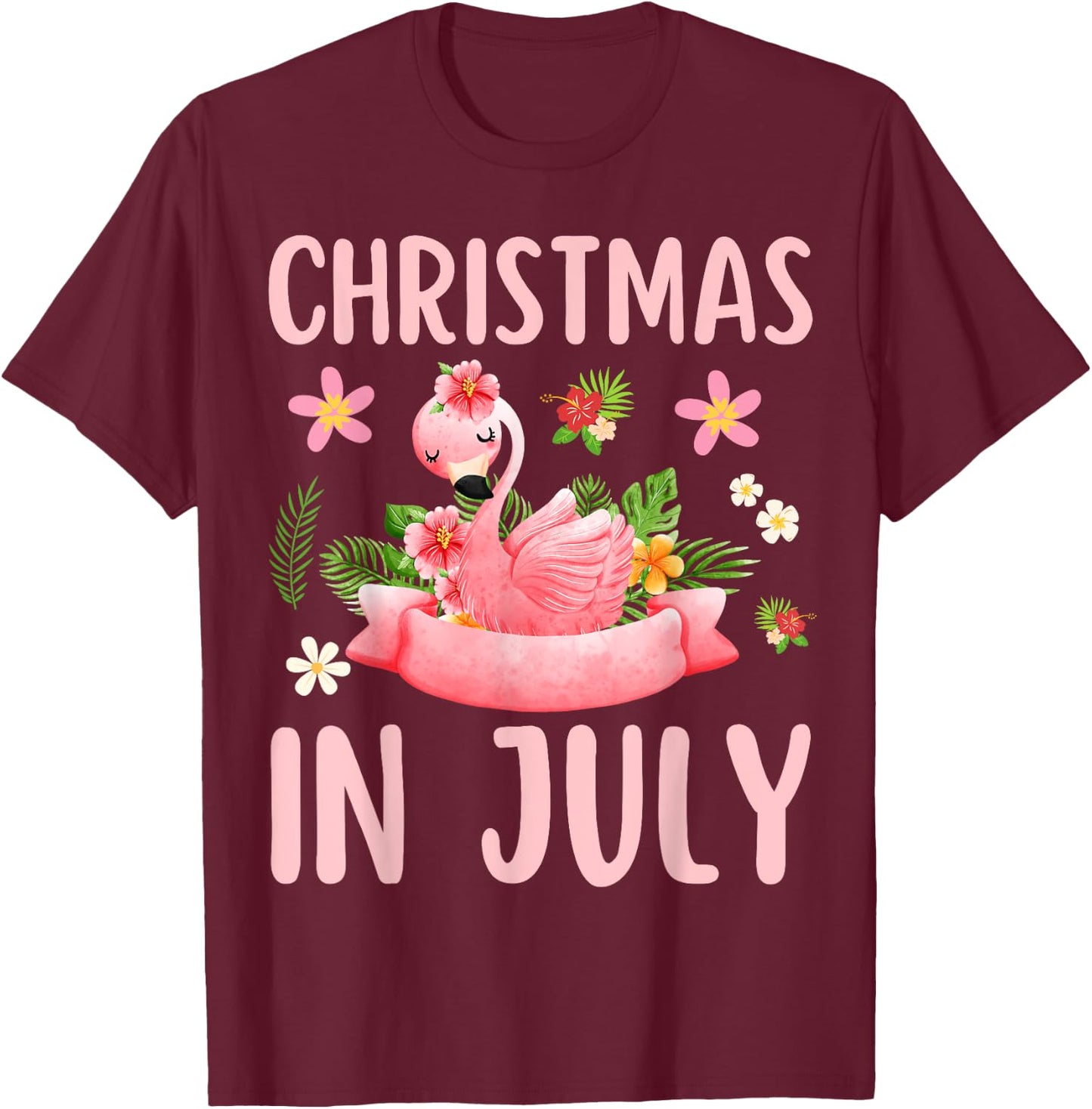 Christmas In July Shirts Pink Flamingo T-Shirt - T-Shirt | Maroon