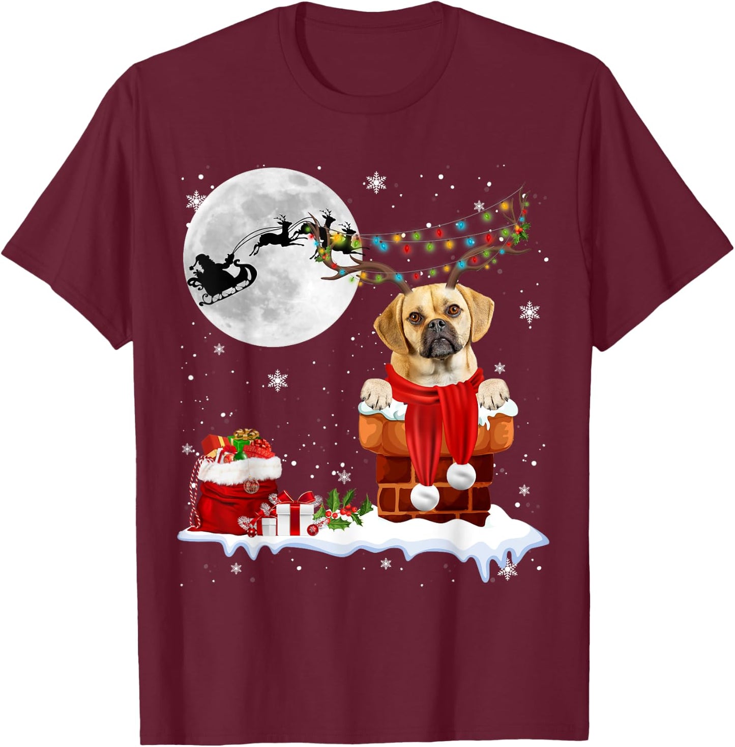 Puggle Dog Chimney Ugly Christmas Lights Xmas Pajamas Men Women Kids T-Shirt - T-Shirt | Maroon