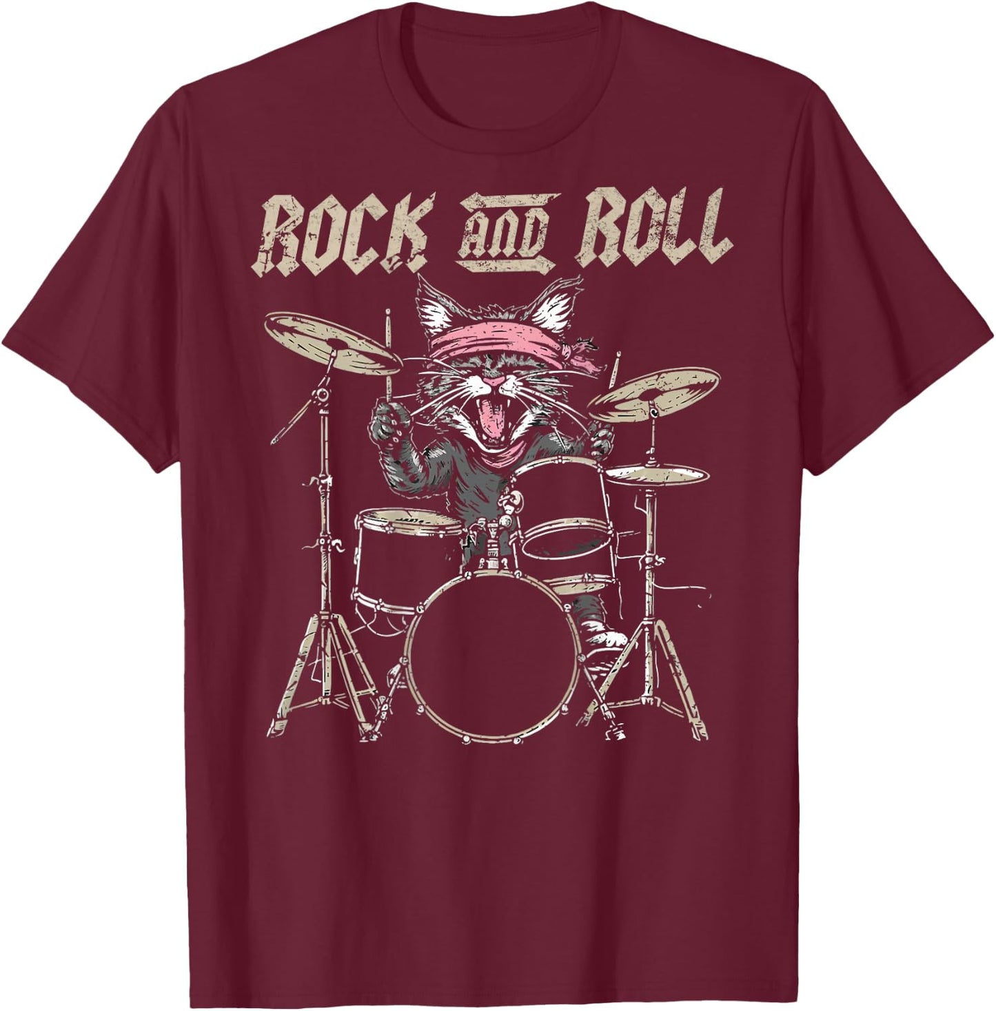 Rock and Roll Cat Drum Vintage ROCK Cat Drummer (ART BACK) Women Kids T-Shirt - T-Shirt | Maroon