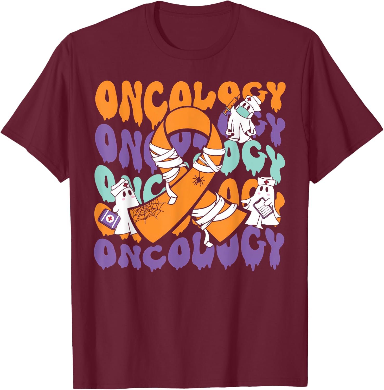 Oncology Nurse Halloween Ribbon Heme Onc RN Cancer Awareness T-Shirt - T-Shirt | Maroon