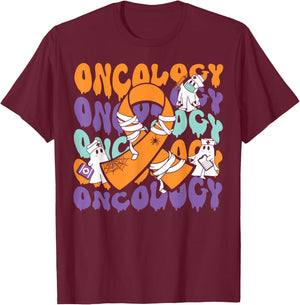 Oncology Nurse Halloween Ribbon Heme Onc RN Cancer Awareness T-Shirt - T-Shirt | Maroon